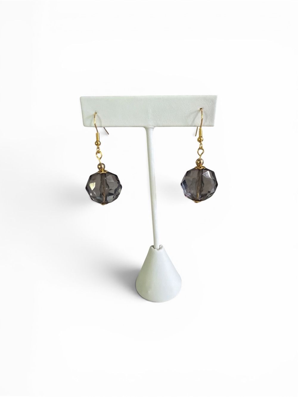 Gold Tone Earrings with Smoky Gray Faceted Beads Cocktail Evening Jewelry